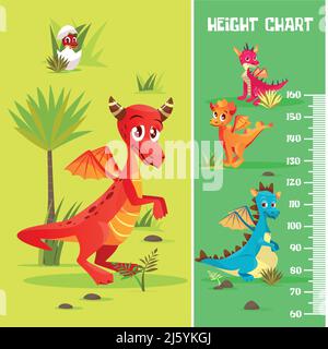 Grafico dell'altezza vettoriale in creature preistoriche di dinosauri, stile cartoon. Scala da parete con simpatici mostri per bambini allegri con ali, corna. I bambini crescono Illustrazione Vettoriale