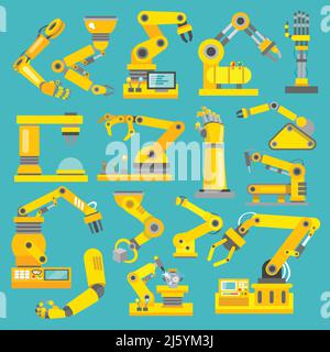 Braccio robotico tecnologia di produzione industria assemblaggio meccanico decorazione piatta icone insieme vettore isolato illustrazione Illustrazione Vettoriale