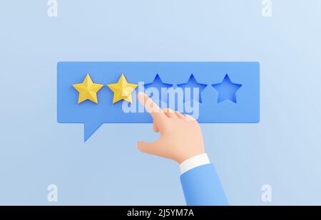 Customer Review 3D render - mano umana che segna 2 stelle su Speech buble. Concetto di esperienza cliente negativa. Foto Stock