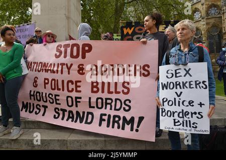 I manifestanti si sono riuniti fuori dalla Casa dei Lord in Old Palace Yard per dimostrare contro la nazionalità e confini Bill e la polizia Bills. Foto Stock