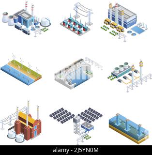 Set di immagini isometriche di diversi tipi di impianti di generazione di elettricità dalla turbina a gas all'illustrazione vettoriale isolata dal sole Illustrazione Vettoriale