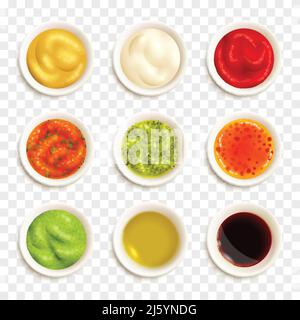 Set di icone colorate raffiguranti diverse salse nel vettore piatto illustrazione Illustrazione Vettoriale