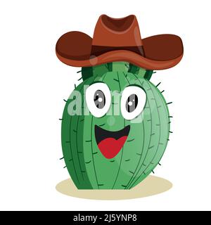 Cactus alto succulento con spine in elemento isolato cappello Cowboy. Disegno vettoriale per icona, gioco, imballaggio, banner. Ovest selvaggio, occidentale Illustrazione Vettoriale