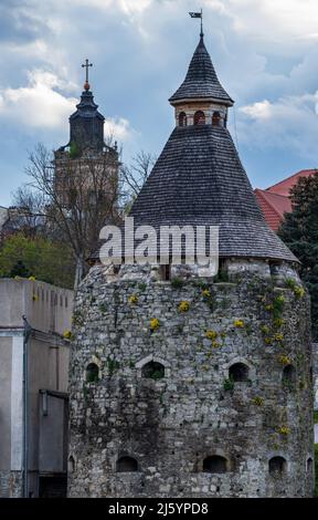 Vista dal Ponte Novoplanivskiy alle torri medievali della fortezza della città vecchia di Kamianets-Podilskyi, una delle città più popolari per viaggiare in Ucraina. Foto Stock