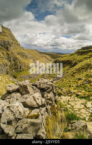 Ammira l'aspra valle asciutta di Watlowes nello Yorkshire Dales vicino a Malham Cove. Questo fa parte dello scenario calcareo della zona. Foto Stock