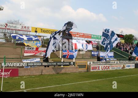 Stockport County Fans Flags in away End Yeovil Town Football Club Foto Stock