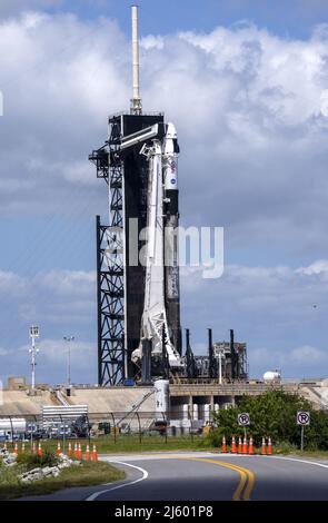 Cape Canaveral, Stati Uniti. 26th Apr 2022. Uno SpaceX Falcon 9 si prepara a lanciare la missione Crew-4 della NASA dal Launch Complex 39A al Kennedy Space Center, Florida, martedì 26 aprile 2022. Il liftoff è fissato per le ore 352 di mercoledì 27 aprile 2022. Tre astronauti della NASA e un astronauta dell'Agenzia spaziale europea (ESA) voleranno alla Stazione spaziale Internazionale. Foto di Pat Benic/UPI Credit: UPI/Alamy Live News Foto Stock