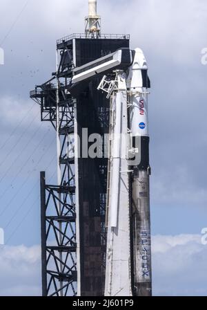 Cape Canaveral, Stati Uniti. 26th Apr 2022. Uno SpaceX Falcon 9 si prepara a lanciare la missione Crew-4 della NASA dal Launch Complex 39A al Kennedy Space Center, Florida, martedì 26 aprile 2022. Il liftoff è fissato per le ore 352 di mercoledì 27 aprile 2022. Tre astronauti della NASA e un astronauta dell'Agenzia spaziale europea (ESA) voleranno alla Stazione spaziale Internazionale. Foto di Pat Benic/UPI Credit: UPI/Alamy Live News Foto Stock