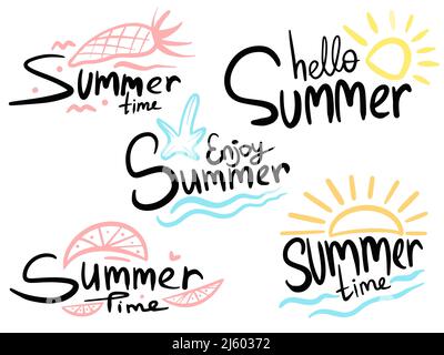 Set vettoriale di etichette estive, loghi, tag disegnati a mano ed elementi per vacanze estive, viaggi, vacanze in spiaggia, sole. Illustrazione Vettoriale
