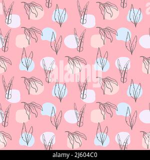 Motivo estivo vettoriale senza giunture con palme astratte disegnate in un'unica linea. Sfondo di foglie tropicali senza giunture. Illustrazione Vettoriale