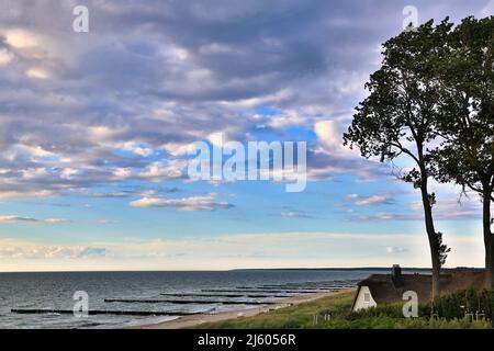 Tradizionale casa sulla spiaggia dietro le dune di sabbia vicino al Mar Baltico Foto Stock