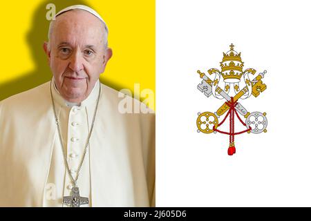 Papa Francesco e la bandiera del Vaticano (Sommo Pontefice) Foto Stock