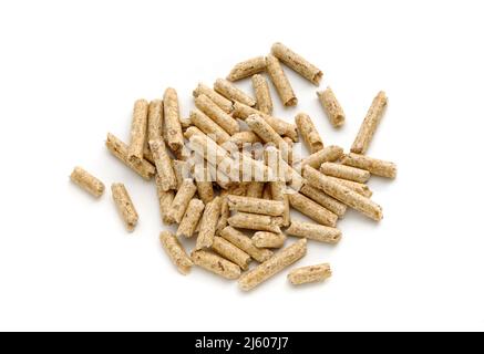 Pellet di legno isolato su sfondo bianco Foto Stock