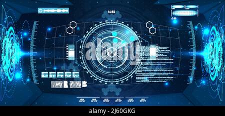 Vista del casco VR con interfaccia HUD e cyberspazio. Design del display head-up Illustrazione Vettoriale