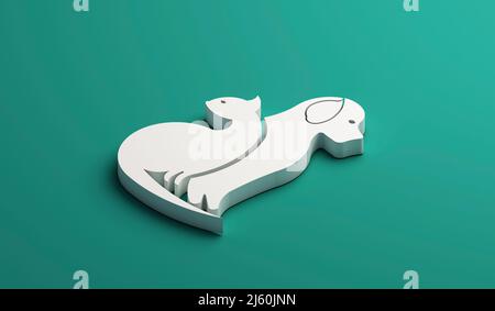 3D Logo Dog and Cat silhouette bianche icona isometrica immagine web grafica clip art illustrazione sfondo verde Foto Stock