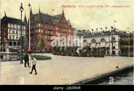 Archivio autentico stile di vita quotidiano Amburgo Alter Jungfernstieg mit Alsterpavillon cartolina Germania German vintage greeting carte postale Gruss aus Hamburg Alter Jungfernstieg mit Alsterpavillon in Hamburg Fotografie und Postkarten 1 Orte in Norddeutschland Hamburg Alsterpavillon Gruss aus Hamburg Foto Stock