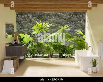 Bagno moderno di lusso con design interno verde naturale verde giungla tropicale piante, vasca di lusso, doccia a pioggia, e moderno lavandino. 3d rendering, 3d illus Foto Stock