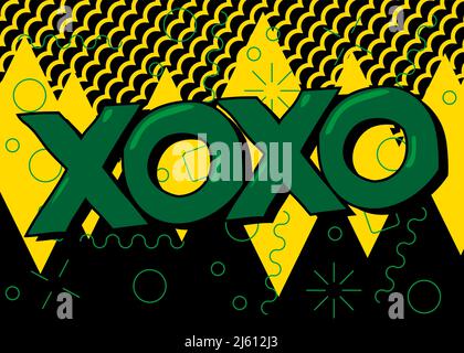 XOXO, abbreviazione, abbracci e baci, termine informale usato per esprimere l'amore. Parola scritta con il carattere dei bambini in stile cartone animato. Illustrazione Vettoriale