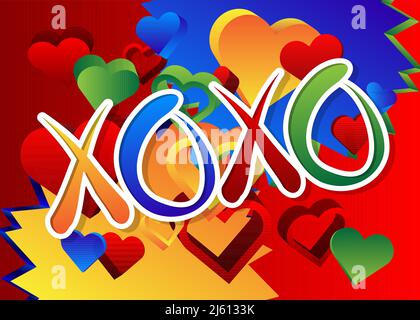 XOXO, abbreviazione, abbracci e baci, termine informale usato per esprimere l'amore. Parola scritta con il carattere dei bambini in stile cartone animato. Illustrazione Vettoriale