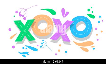 XOXO, abbreviazione, abbracci e baci, termine informale usato per esprimere l'amore. Parola scritta con il carattere dei bambini in stile cartone animato. Illustrazione Vettoriale