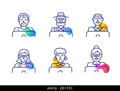 Persone anziane che utilizzano un computer portatile. Lavorare, chattare, imparare. Pixel Perfect, editable stroke line art Icons set Illustrazione Vettoriale