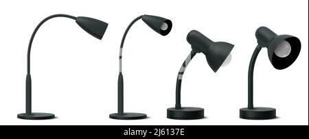 Set di 3D lampade da tavolo per illuminazione di locali e di lavoro. Lampadine da scrivania moderne e classiche trasformanti. Forniture elettriche per arredamento di design alla moda e retrò, isolato realistico illustrazione vettoriale Illustrazione Vettoriale