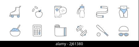 Icone fitness e stile di vita sano con dieta alimentare, attrezzature da palestra, vita sottile e nastro di misurazione. Vettore disegnati a mano segni di allenamento e sport con manubri, stuoia yoga, bottiglia d'acqua, mazza da baseball Illustrazione Vettoriale