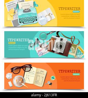 Tre striscioni orizzontali piatti con macchina da scrivere giornalista d'epoca e altro strumenti per l'illustrazione vettoriale isolata dal lavoro Illustrazione Vettoriale