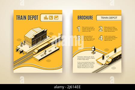 Opuscolo promo Isometrica della compagnia ferroviaria, modello di pagina di opuscolo turistico con treno passeggeri ad alta velocità sulla stazione ferroviaria o linea di deposito art il Illustrazione Vettoriale