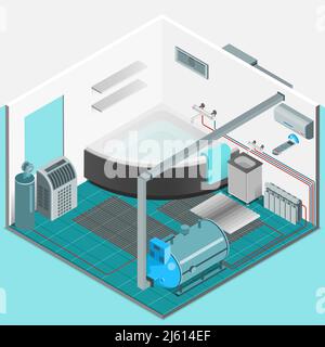 Stampo isometrico interno dell'impianto di raffreddamento con batteria del compressore del condizionatore bagno in stile piatto isolato vettore illustrazione Illustrazione Vettoriale