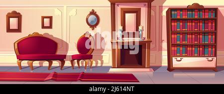 Cartoni animati vettoriali illustrazione di soggiorno di lusso con camino. Ricca sala da ballo o corridoio con modanature, divano e moquette rossa. Interni costosi con Illustrazione Vettoriale
