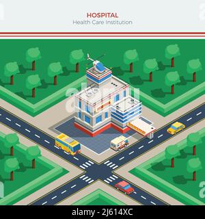 Costruttore di città isometrica con elicottero di costruzione dell'ospedale sul bivio del tetto ambulanza e automobili illustrazione vettoriale Illustrazione Vettoriale