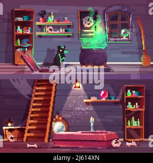 Sfondo del gioco vettoriale della casa delle streghe con cantina. Seminterrato con botola, bara e ossa in volta. Roba per la magia e gatto nero. Scaffali con pozioni Illustrazione Vettoriale
