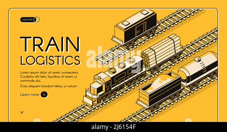 Trasporto ferroviario industriale azienda vettore isometrico banner web, landing page. Piattaforma di trasporto locomotiva con tronchi o tubi di legno, merci Illustrazione Vettoriale