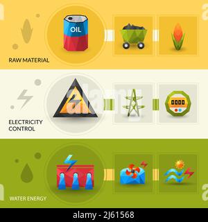 Materia prima energia idrica e controllo elettrico banner poligonale orizzontale impostare l'illustrazione vettoriale isolata Illustrazione Vettoriale