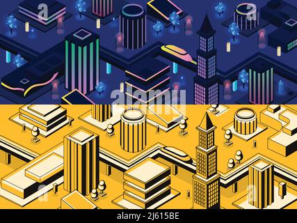 Vector 3d Isometric Modern City - metropoli nei colori blu e giallo o città in stile line art. Treno monorotaia ad alta velocità, metropolitana in stile futuristico Illustrazione Vettoriale