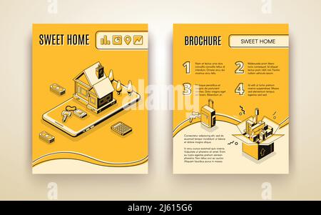 Modello di brochure vettoriale con spostamento di case isometriche 3d - viaggiare con tecnologie intelligenti, attività di spedizione. Opuscolo con linea art edificio giallo, Illustrazione Vettoriale