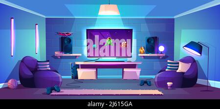 Illustrazione della sala da gioco vettoriale, concetto di eSport moderno. Streaming notturno, intrattenimento digitale con luce al neon nel club e nella sala. Joystick per computer, giochi Illustrazione Vettoriale