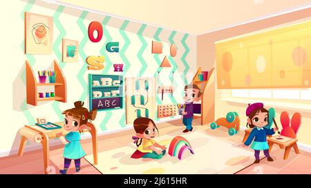 Camera Vector montessori con bambini, scuola elementare con mobili e personaggi per bambini. Asilo nido, asilo nido per bambini. Formazione in Illustrazione Vettoriale