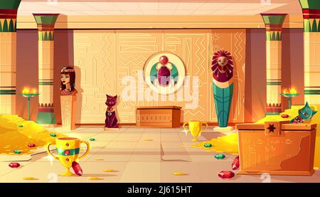 Vettore piramide egiziana cartone animato sfondo. Interno tomba - busto di regina, sarcofago faraone, colonna antica e tesori, gioielli. Bastet scultur Illustrazione Vettoriale