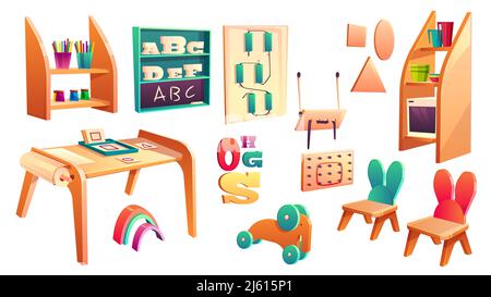 Insieme Vector montessori, elementi per scuola elementare isolati su sfondo bianco. Asilo per bambini, asilo nido per bambini. Istruzione primaria in g Illustrazione Vettoriale