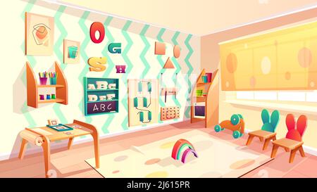 Sala Vector montessori, scuola elementare con mobili. Asilo per bambini, asilo nido per bambini. Istruzione primaria nel disegno, giochi a. Illustrazione Vettoriale