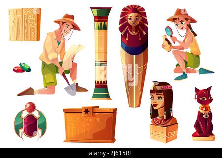 Cartoni animati egizi vettoriali - personaggi paleontologi e archeologi, sarcofago faraone e simboli della cultura. Raccolta di sepoltura, oggetti su b Illustrazione Vettoriale