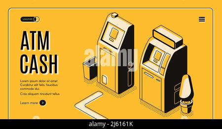 Servizio di cambio valuta online, bancomat localizzatore di rete vettoriale isometrico banner web o landing page modello Cash with Draw po Illustrazione Vettoriale