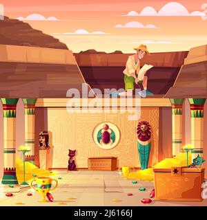 Scavi archeologici, caccia al tesoro concetto vettore cartoon con archeologo o cavaliere tomba guardando sulla mappa, scavando terreno nel deserto con pala, e. Illustrazione Vettoriale