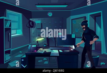 Vettore cartoon sfondo di rapina in dipartimento di polizia o gabinetto di detective privato. Uomo criminale, ladro con torcia in camera oscura. Bandito a. Illustrazione Vettoriale