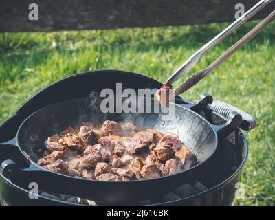 goulash, stufato di manzo con cipolle in padella di ghisa o wok su griglia a legna barbecue - cucina all'aperto Foto Stock