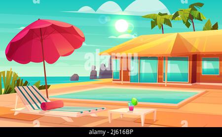 Lussuoso resort tropicale hotel cartoon vettore con cocktail sul tavolo, poltrona sotto ombrellone e piscina vicino a una confortevole spiaggia o un letto Illustrazione Vettoriale
