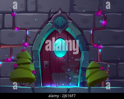 Sfondo vettoriale cartoon con porta magica in legno con finestra. Muro di mattoni con porte fantasy chiuse e alberi verdi nelle vicinanze. Sfondo del videogioco, gui co Illustrazione Vettoriale