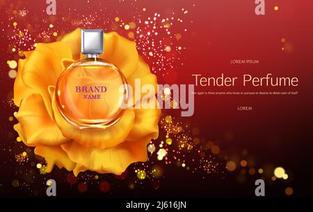 Tender donna profumo 3d realistico vettore pubblicità banner o poster modello. Elegante bottiglia di profumo in vetro con coperchio spruzzatore in argento giallastro Illustrazione Vettoriale